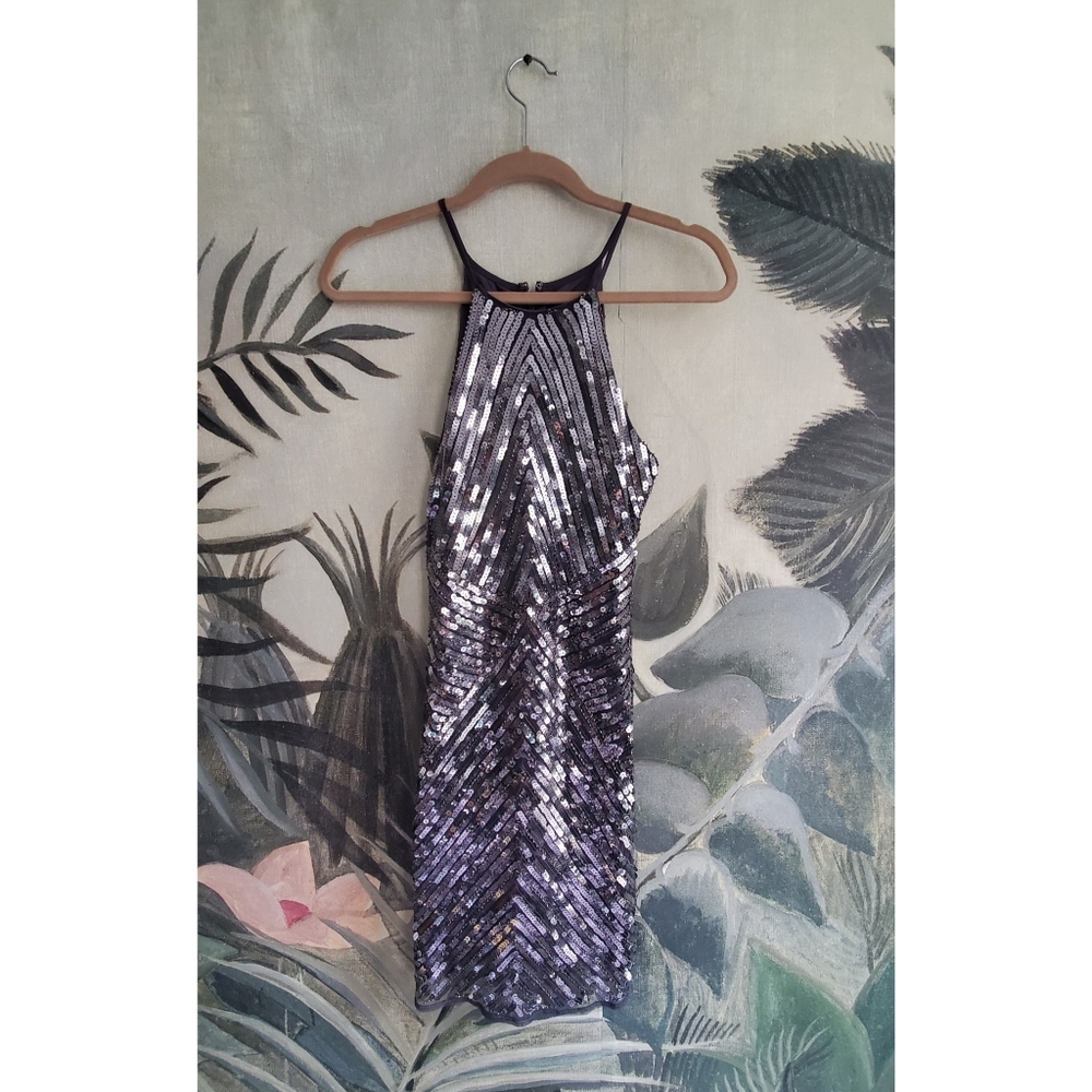 XS Gunmetal Sequin Halter Mini Bodycon Dress